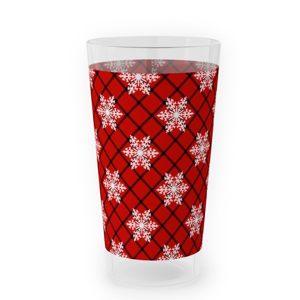Snowy Winter Diagonal Checker Plaid - Red and Black Outdoor Pint Glass, Red