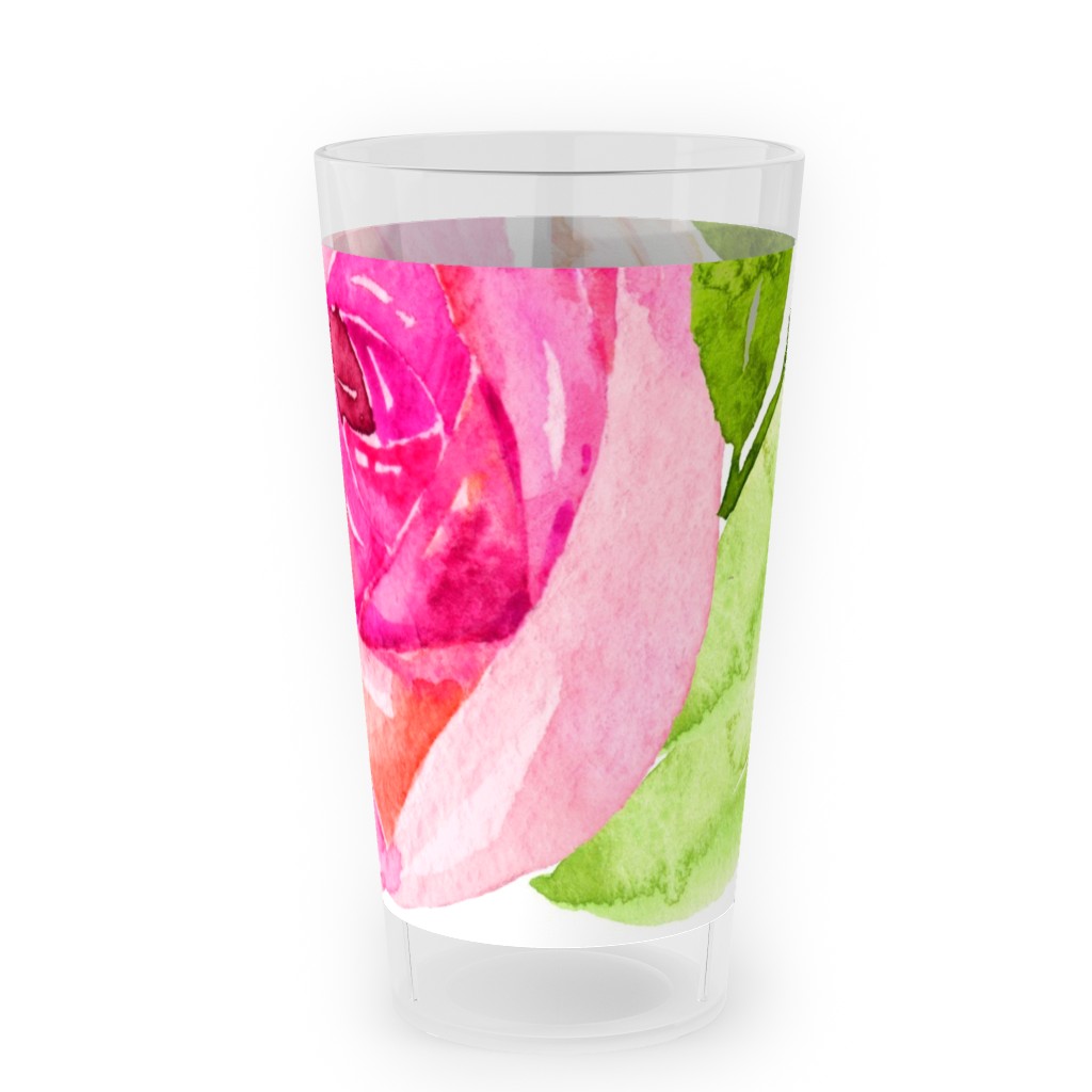 Spring Peonies, Roses, and Poppies - Watercolor Outdoor Pint Glass, Pink