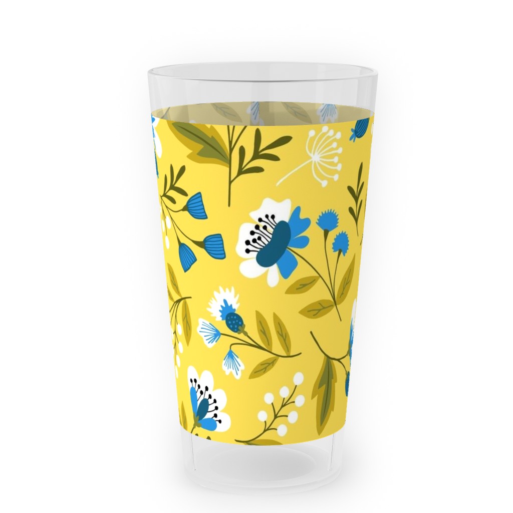 Colorful Spring Flowers - Blue on Yellow Outdoor Pint Glass, Yellow