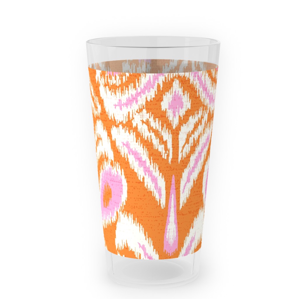 Ikat Flower - Orange and Pink Outdoor Pint Glass, Orange