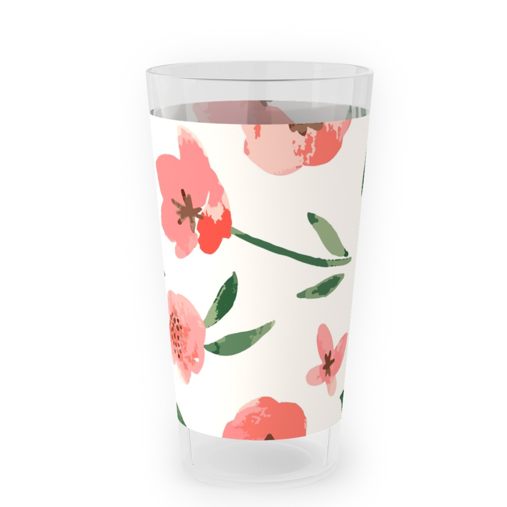 Scattered Watercolor Spring Flowers Outdoor Pint Glass, Pink