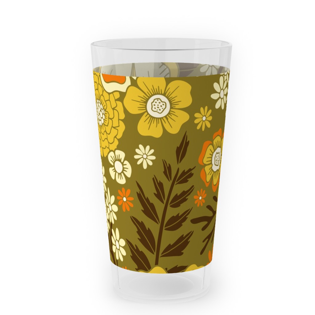 1970s Retro/Vintage Floral - Yellow and Brown Outdoor Pint Glass, Yellow