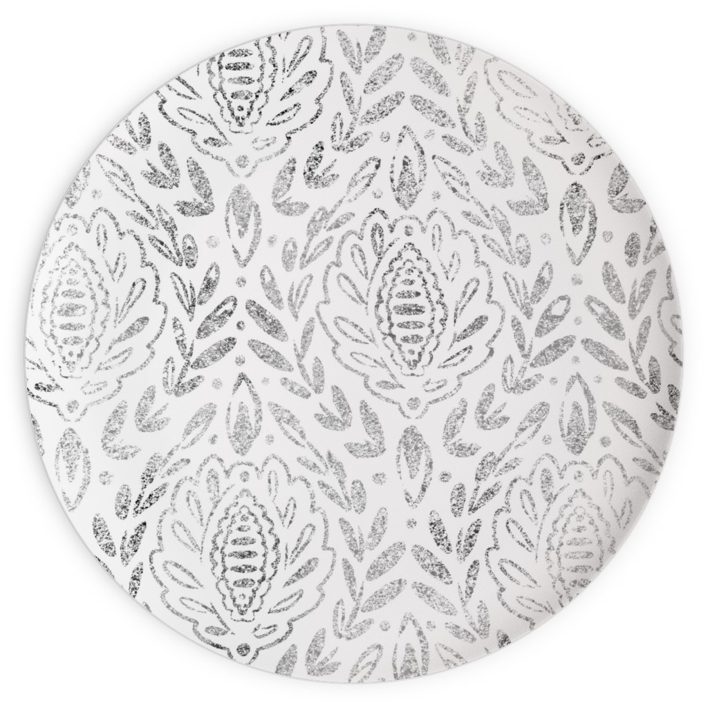 Distressed Damask Leaves - Grey Plates, 10x10, Gray