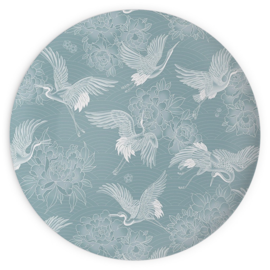 Majestic Cranes - White on Blue Plates, 10x10, Blue