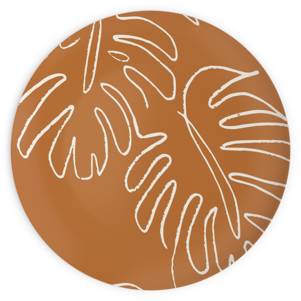 Monstera Line Art - Burnt Orange Plates, 10x10, Orange