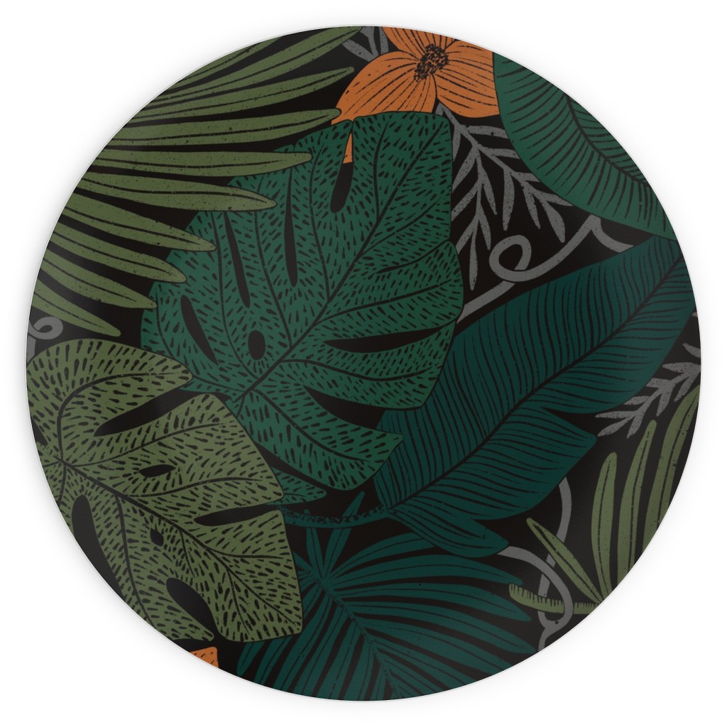 Moody Tropical Floral - Orange on Black Plates, 10x10, Green