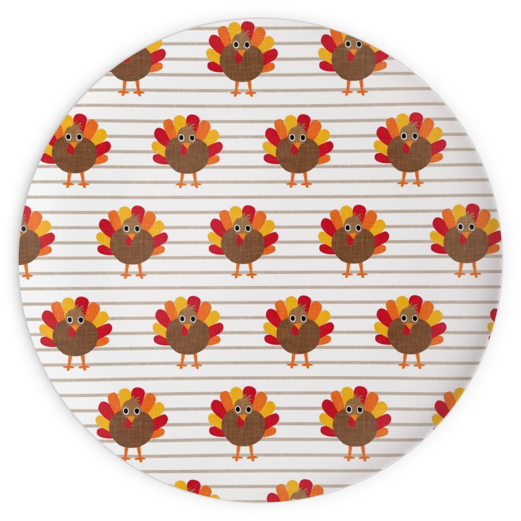 Cute Thanksgiving Turkey - on Khaki Stripes Plates, 10x10, Orange