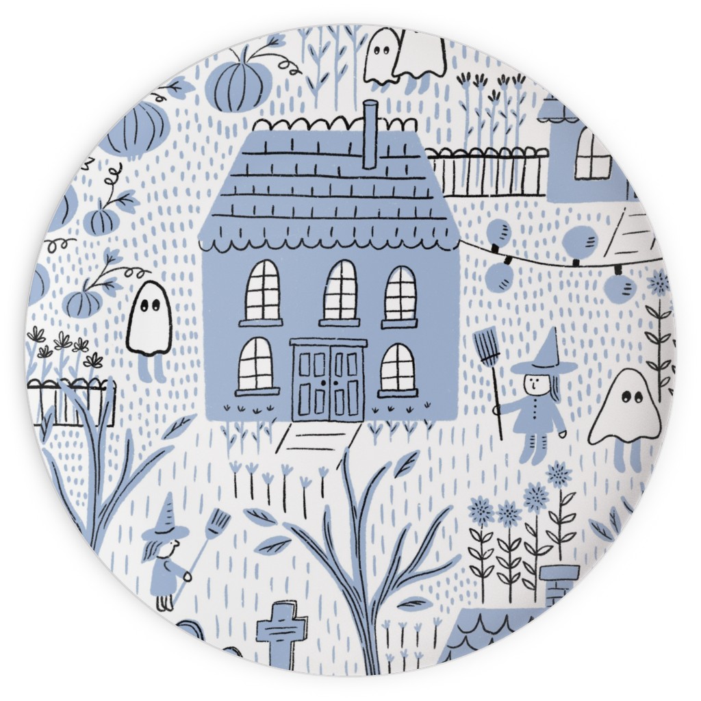 What Ghosts Around Comes Around - Blue on White Plates, 10x10, Blue