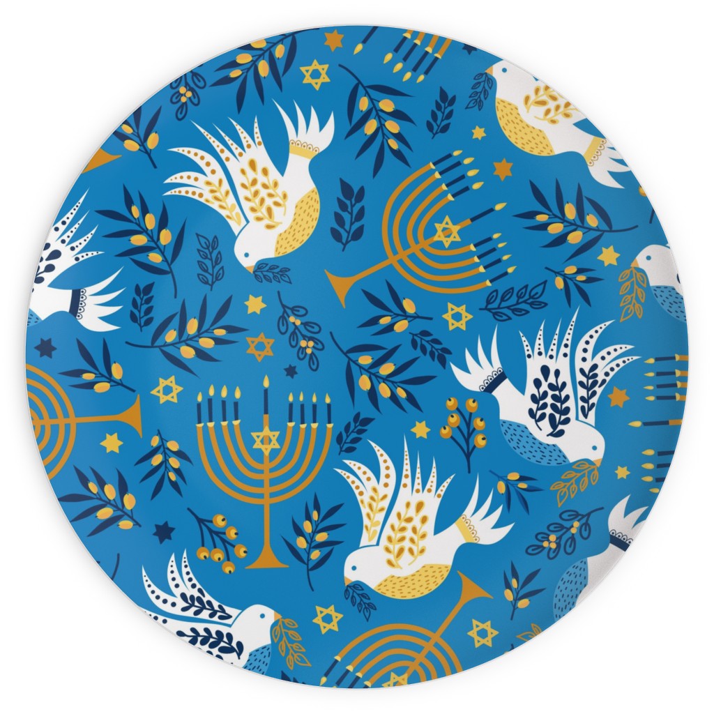 Hanukkah Birds Menorahs - Light Blue Plates, 10x10, Blue, True Blue