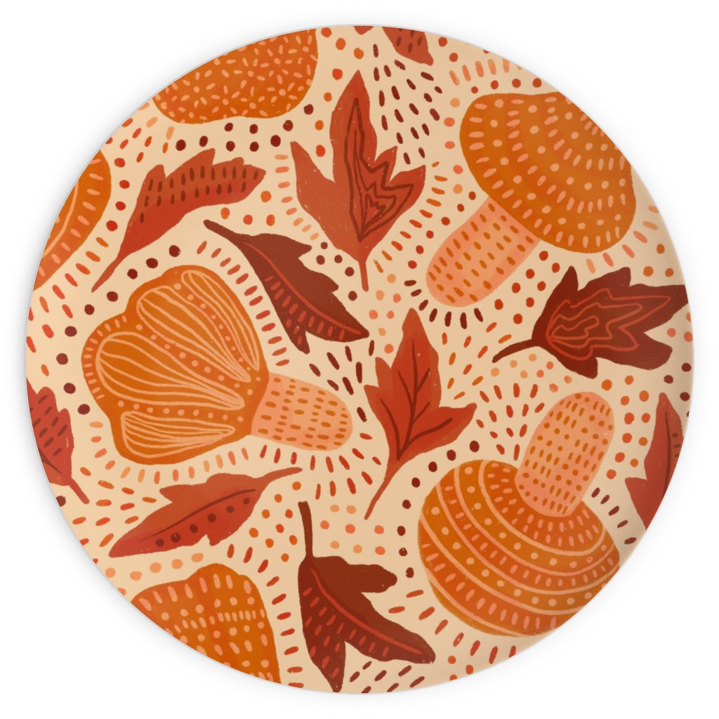 Autumn Mushrooms and Fallen Leaves Plates, 10x10, Orange