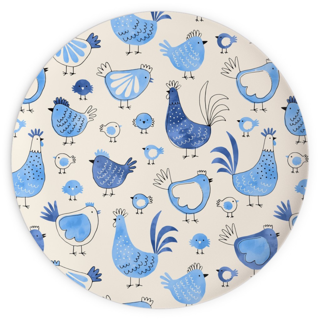 Chicken and Rooster - Watercolor - Blue on Creme Plates, 10x10, Blue, True Blue