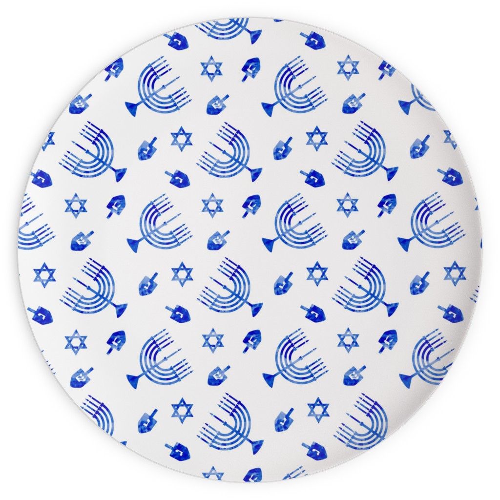 Hanukkah Watercolor Menorah, Dreidel, Star of David - Blue Plates, 10x10, Blue, True Blue