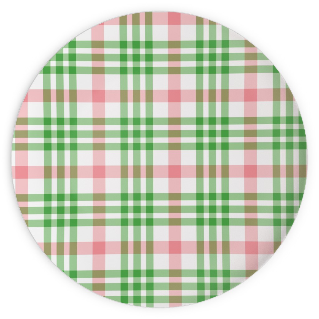 Pink, Green, and White Plaid Plates, 10x10, Green