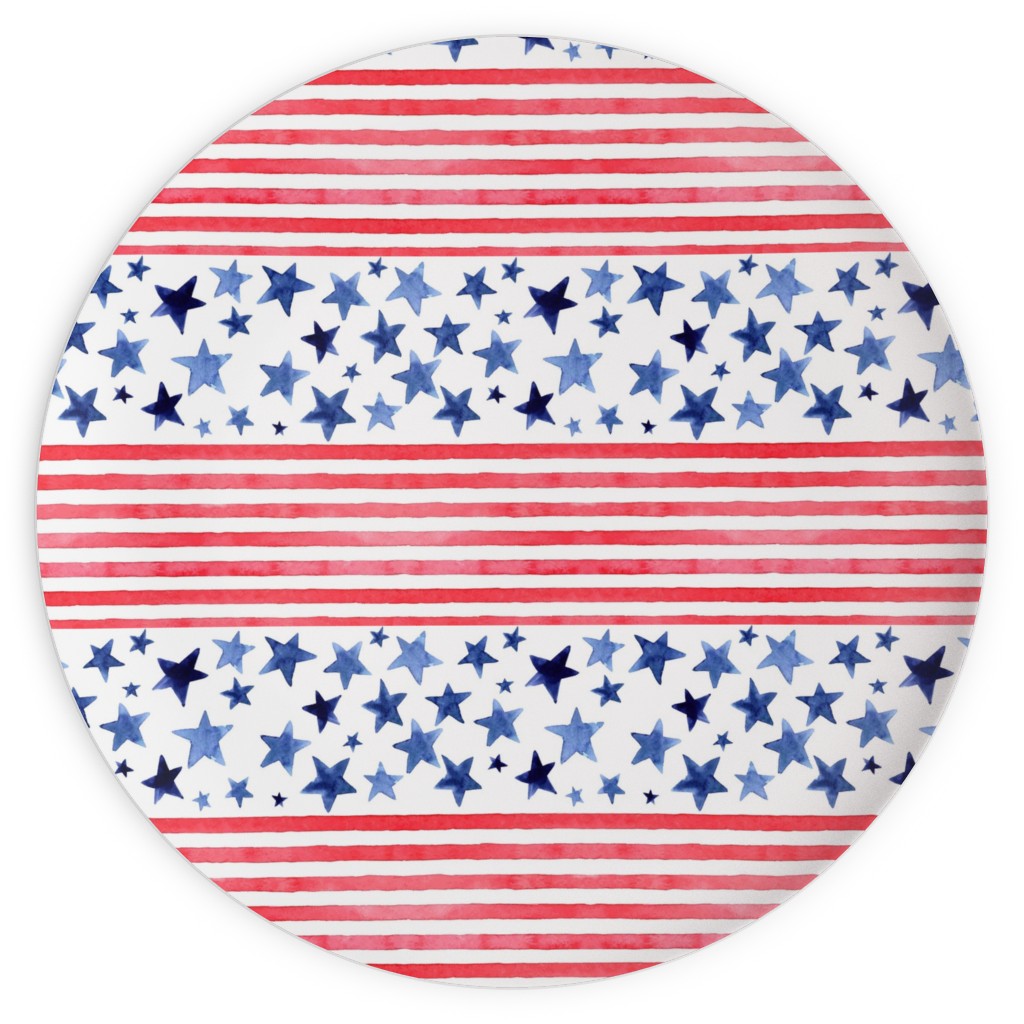 Watercolor Stars and Stripes - Red White and Blue Plates, 10x10, Red