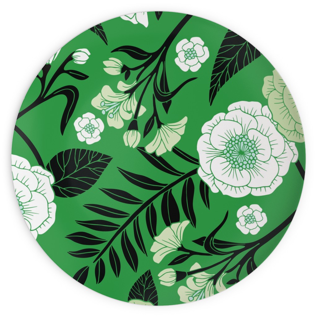 Green, Black & White Floral Pattern Plates, 10x10, Green