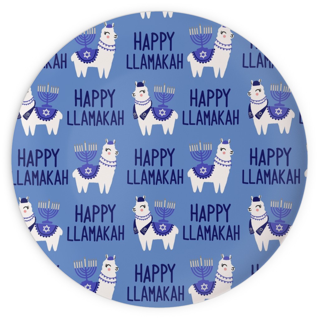 Happy Llamakah on Blue Plates, 10x10, Blue