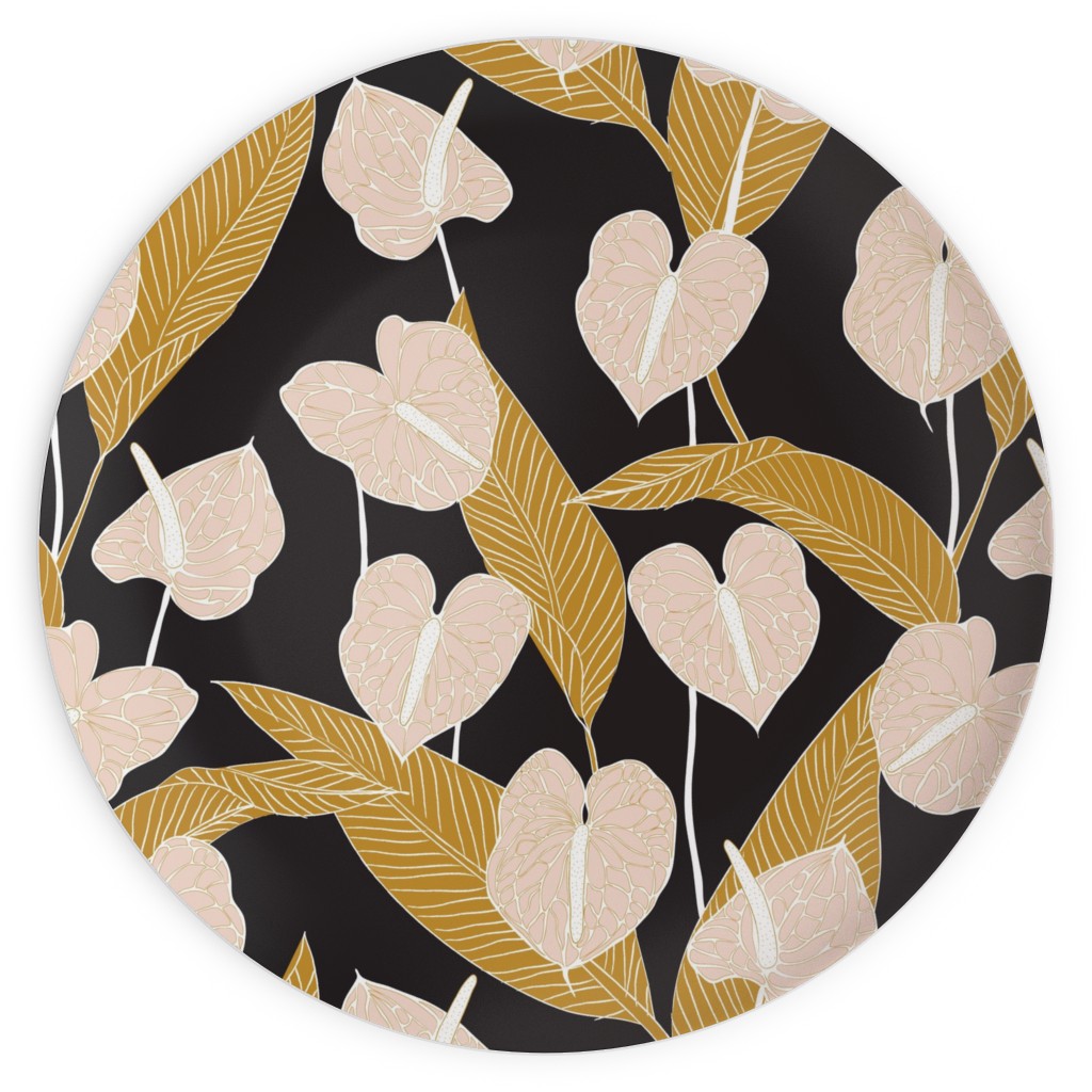 Art Nouveau Anthuriums - Black Mustard and Pale Peach Plates, 10x10, Multicolor