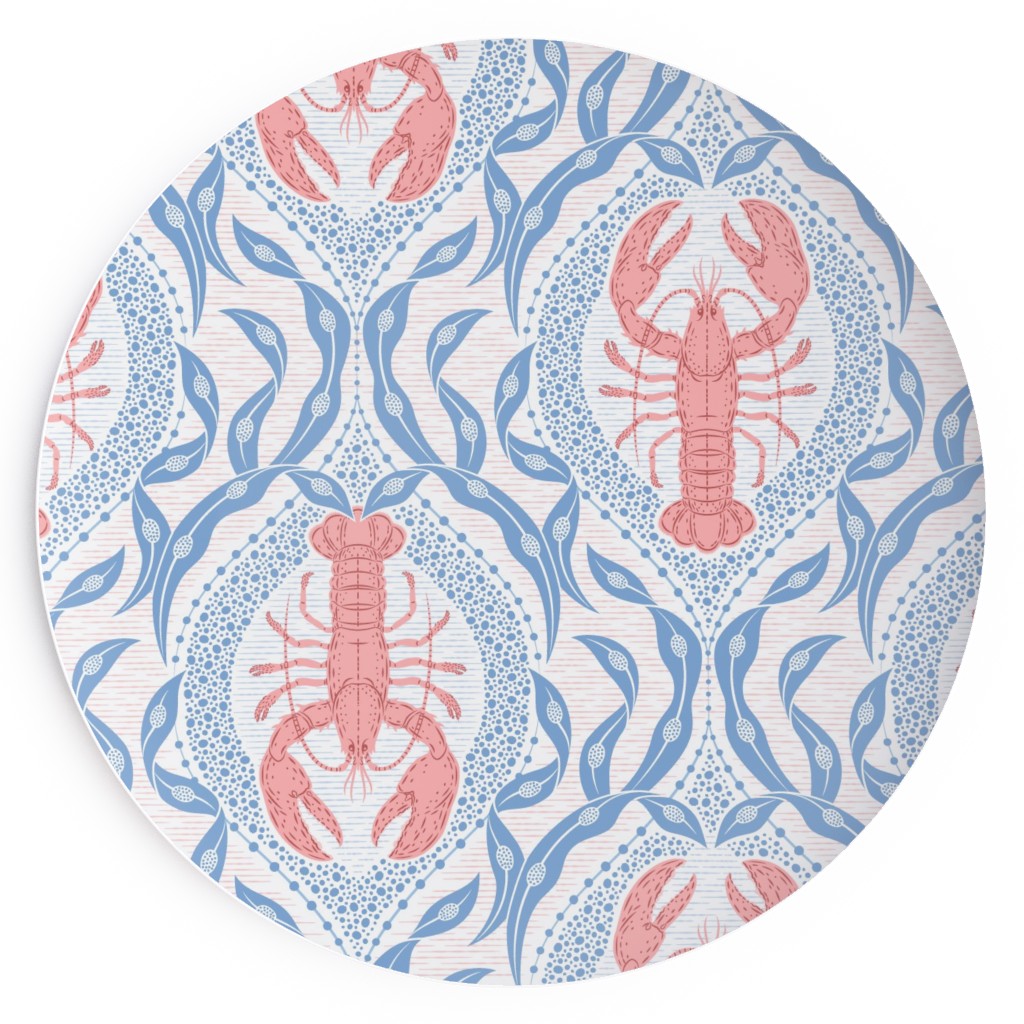 Lobster and Seaweed Nautical Damask - White, Coral Pink and Cornflower Blue Salad Plate, Blue
