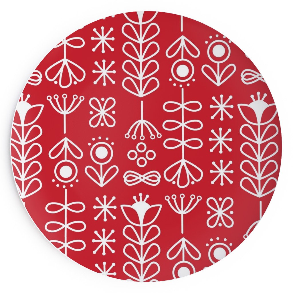 Red and White Nordic Mod Floral Salad Plate, Red