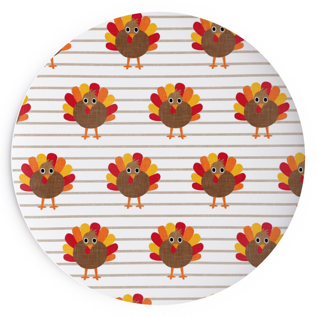 Cute Thanksgiving Turkey - on Khaki Stripes Salad Plate, Orange