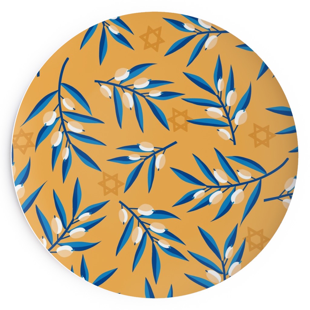 Olive Branches Hanukkah - Blue on Yellow Salad Plate, Yellow
