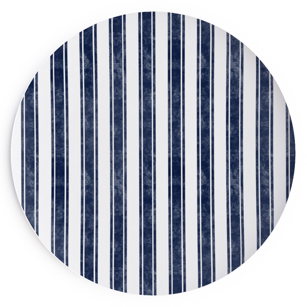 Vertical French Ticking Textured Pinstripes in Dark Midnight Navy and White Salad Plate, Blue