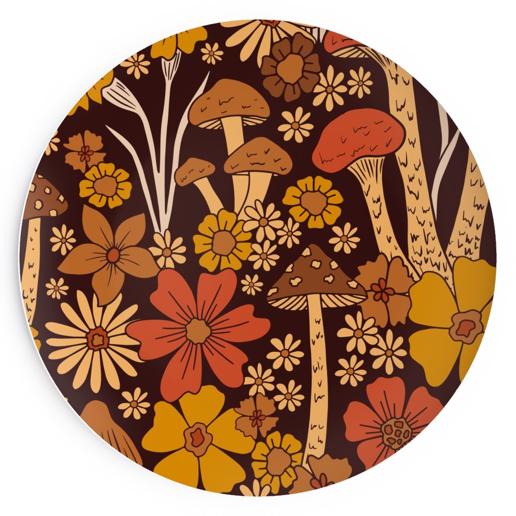 Retro 1970s Mushroom & Flowers - Brown and Orange Salad Plate, Orange