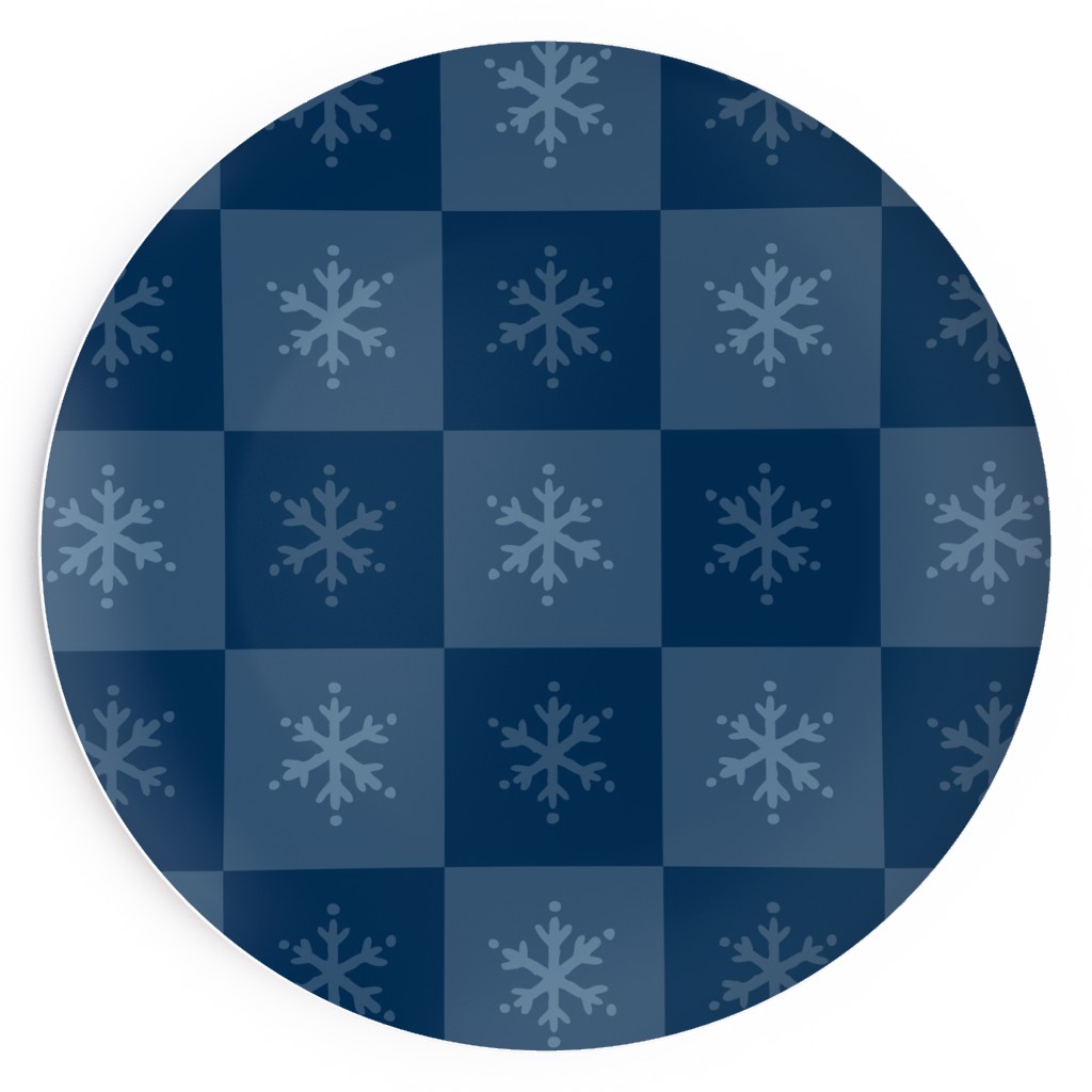 Scandi Cozy Winter Checkered Blue Snowflake Salad Plate, Blue