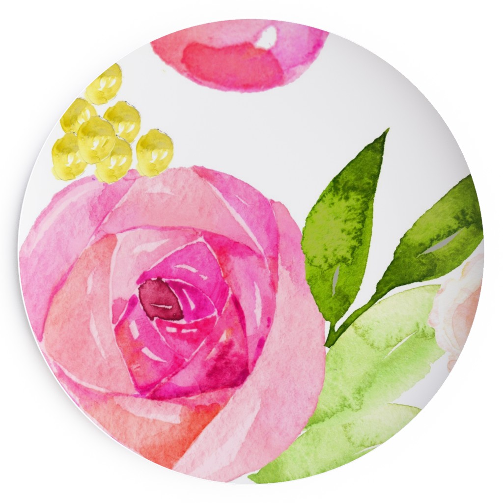 Spring Peonies, Roses, and Poppies - Watercolor Salad Plate, Pink