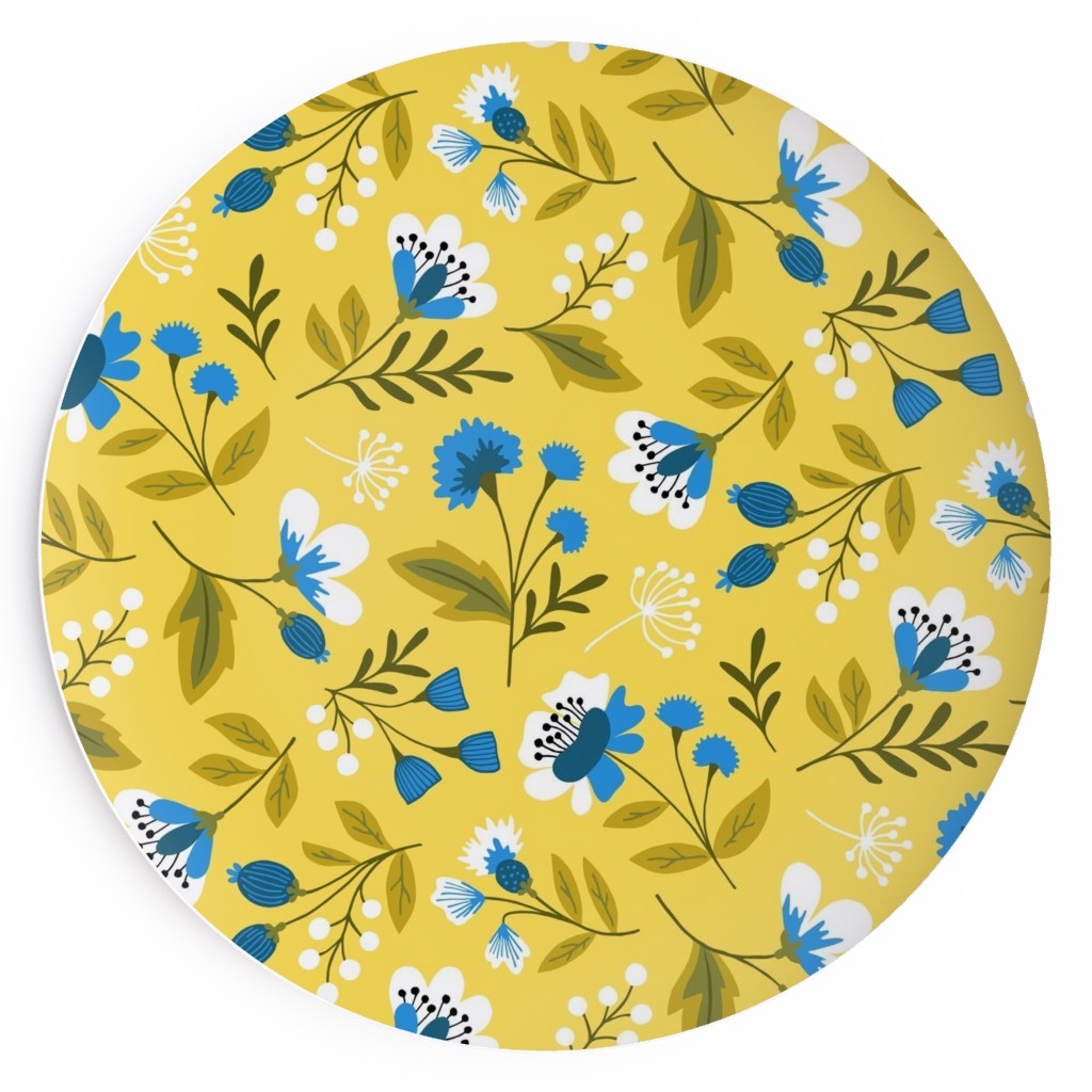 Colorful Spring Flowers - Blue on Yellow Salad Plate, Yellow