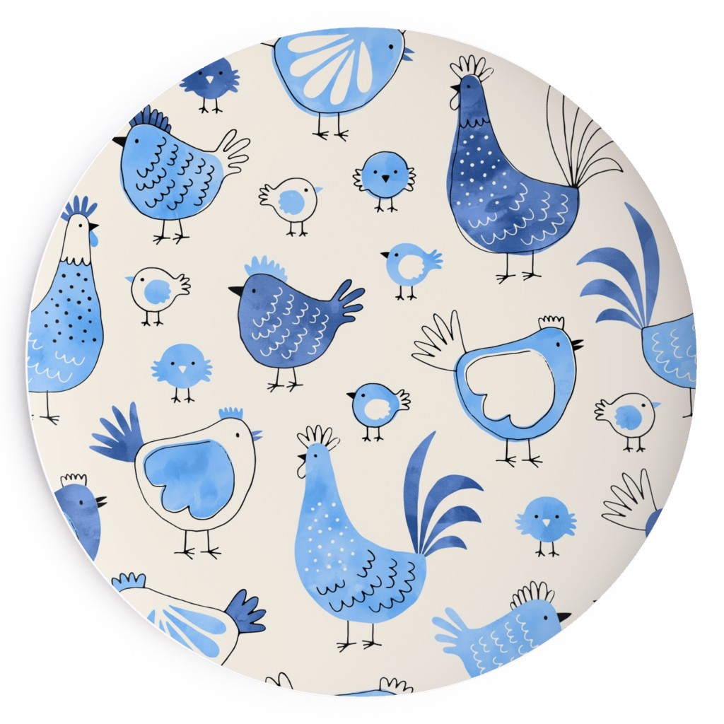 Chicken and Rooster - Watercolor - Blue on Creme Salad Plate, Blue