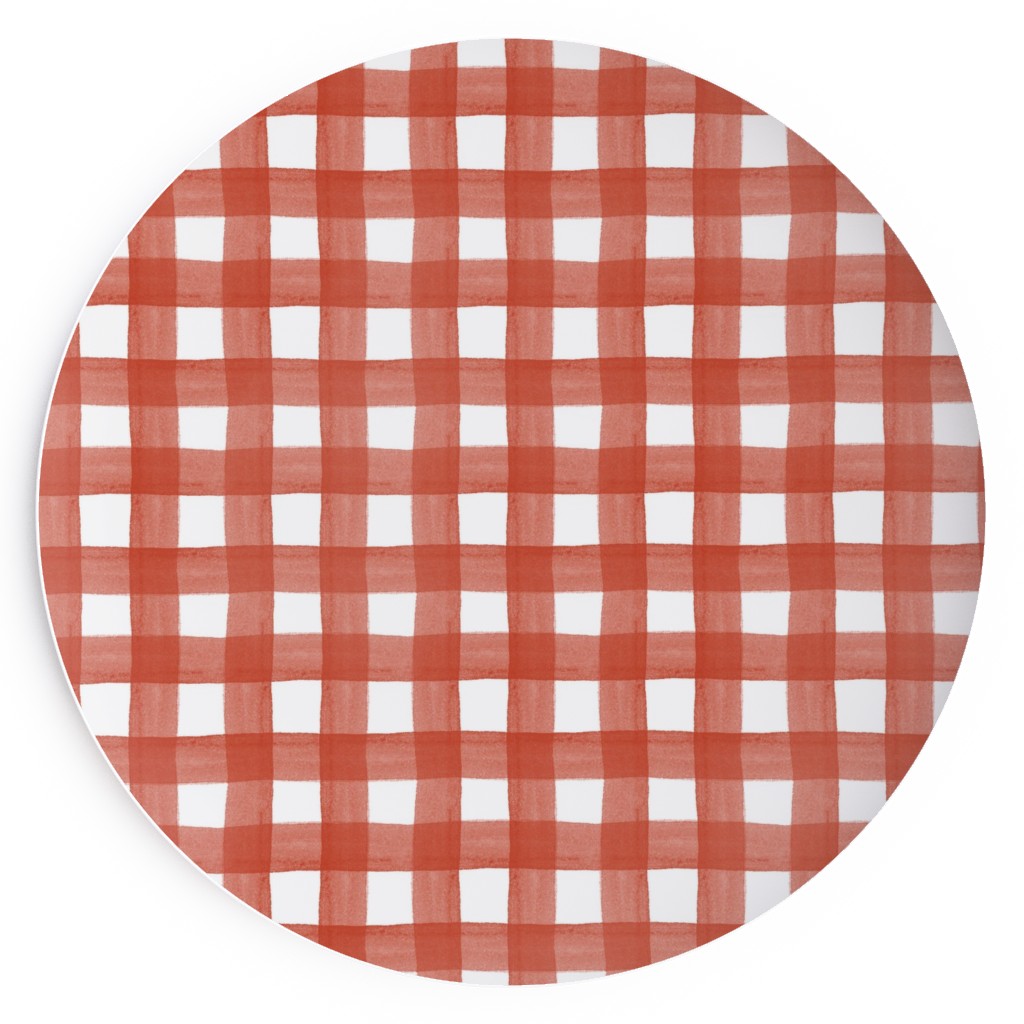 Red Watercolor Gingham Salad Plate, Red