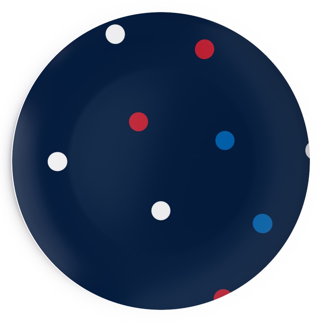 Mixed Polka Dots - Red White and Royal on Navy Blue Salad Plate, Blue