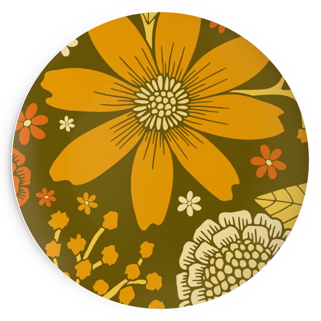 1970s Retro Flowers Yellow, Orange & Olive Green Salad Plate Shutterfly