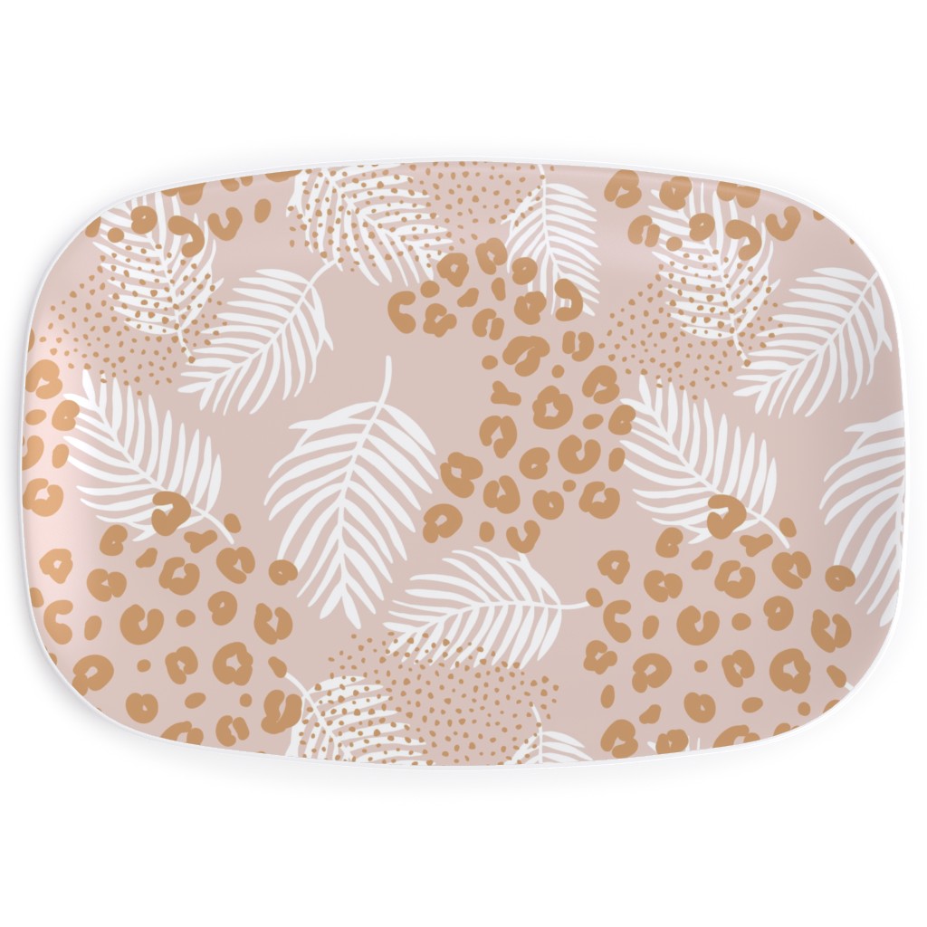 Palm Leaves and Animal Panther Spots - Beige Serving Platter, Pink