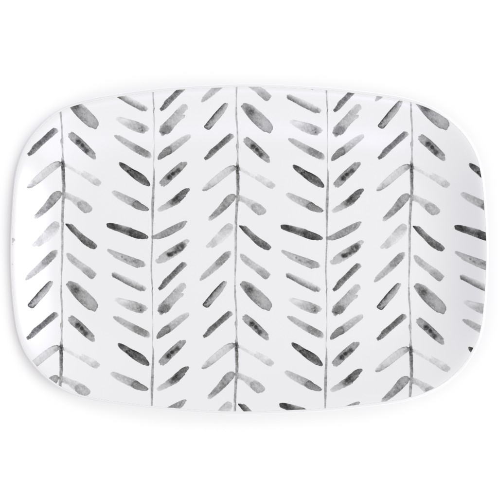Noir Watercolor Abstract Geometrical Pattern for Modern Home Decor Bedding Nursery Painted Brush Strokes Herringbone Serving Platter, White, White