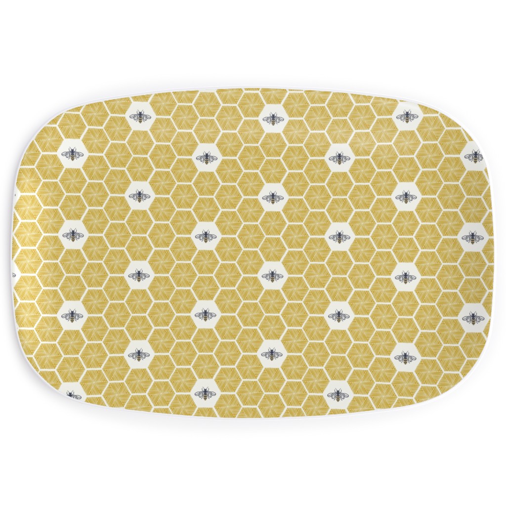 Bees Stitched Honeycomb - Gold Serving Platter, Yellow, Classic Yellow