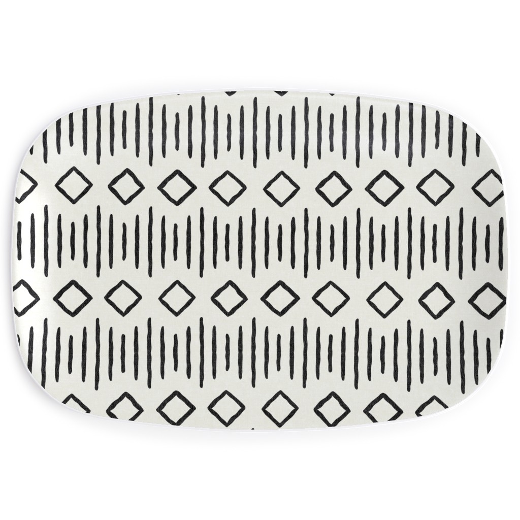 Diamond Fall - Mud Cloth - Onyx on Bone - Mudcloth Farmhouse Tribal - Lad19bs Serving Platter, Beige, Pearl