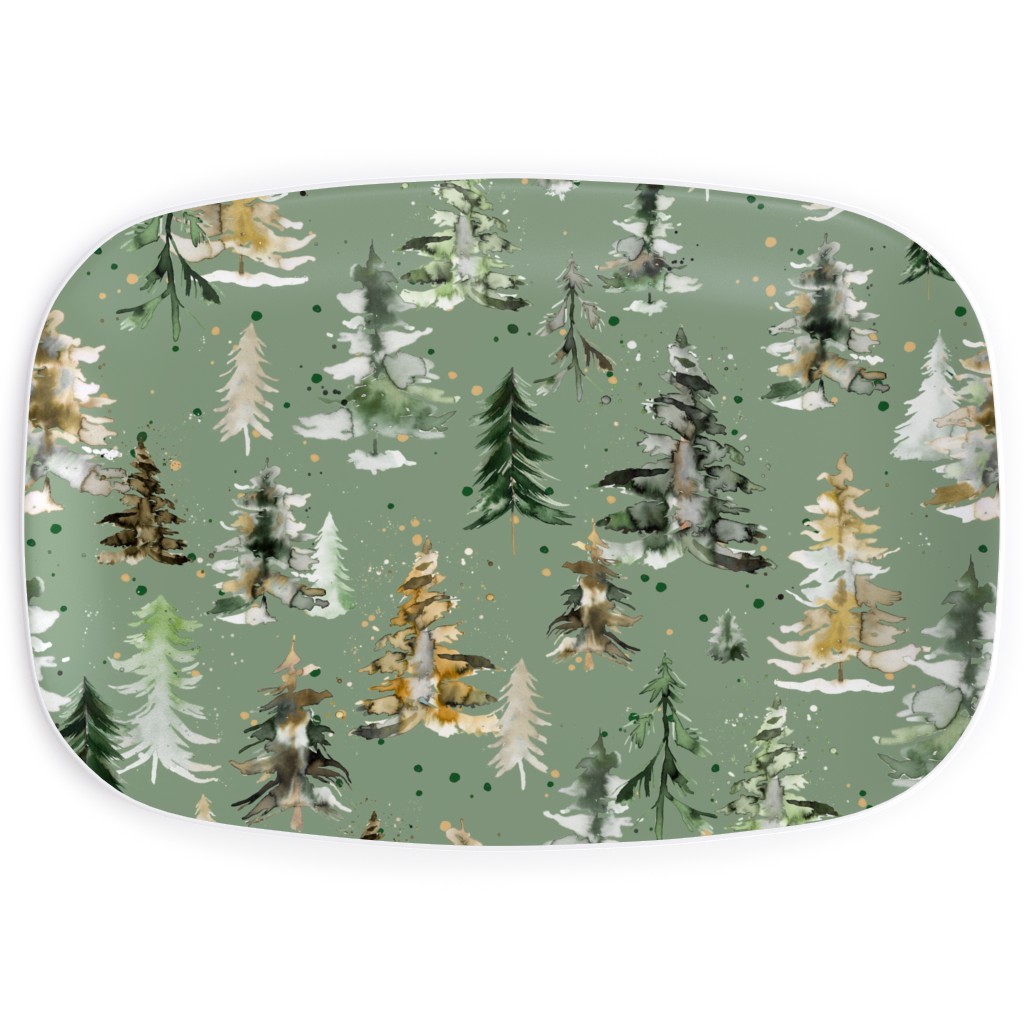 Watercolor Pines and Spruces Christmas - Green Serving Platter, Green, Classic Green