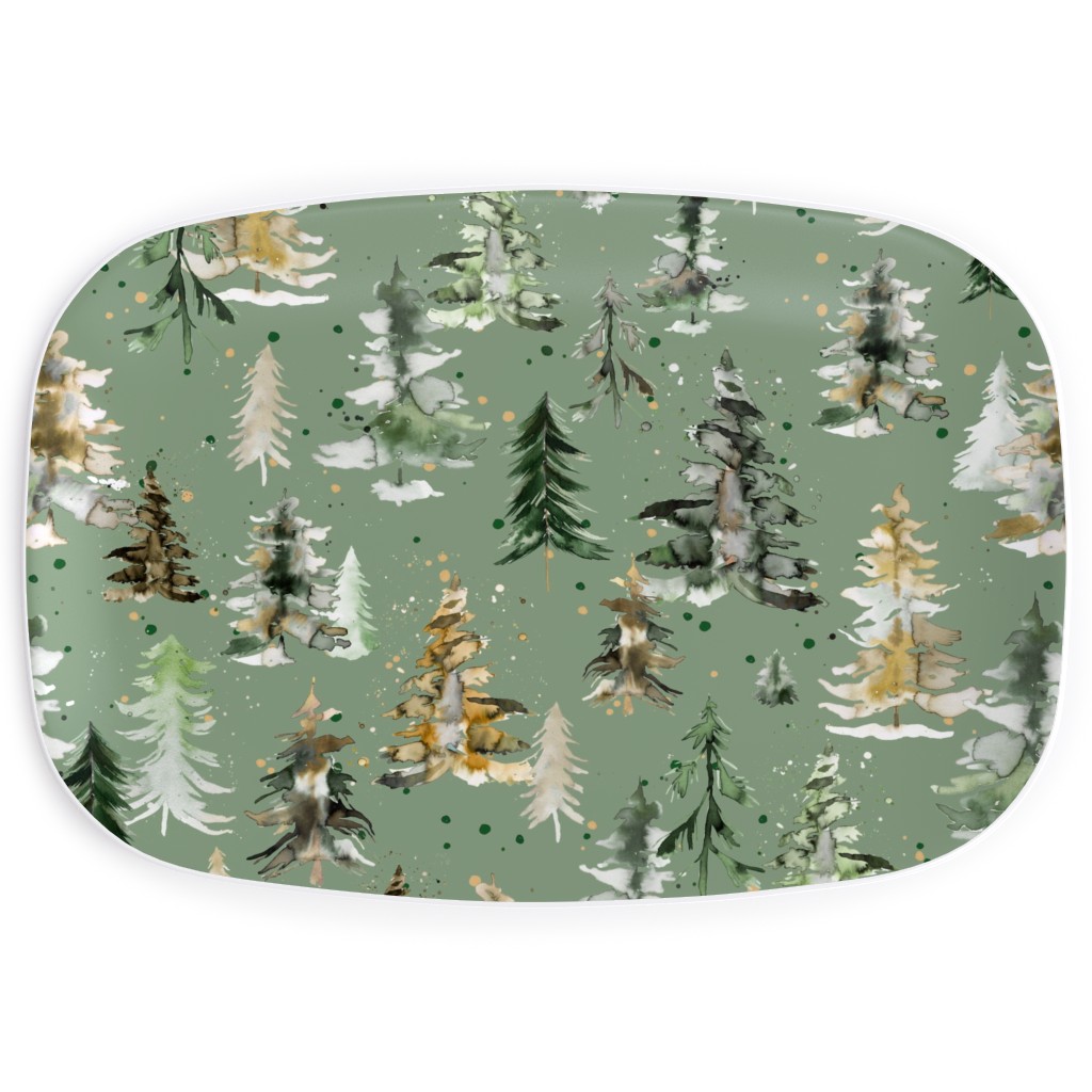 Watercolor Pines and Spruces Christmas - Green Serving Platter, Green