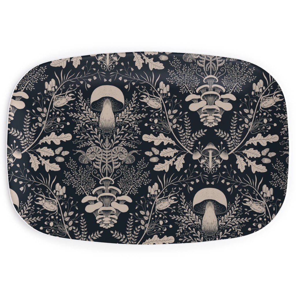 Mushroom Forest Damask - Dark Serving Platter, Black, Black