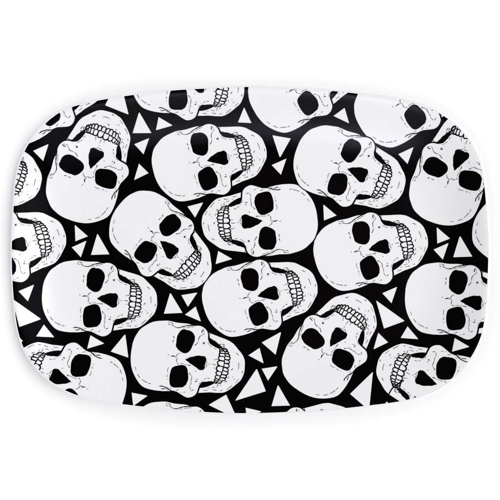 Skulls With Triangles - Black and White Serving Platter, White