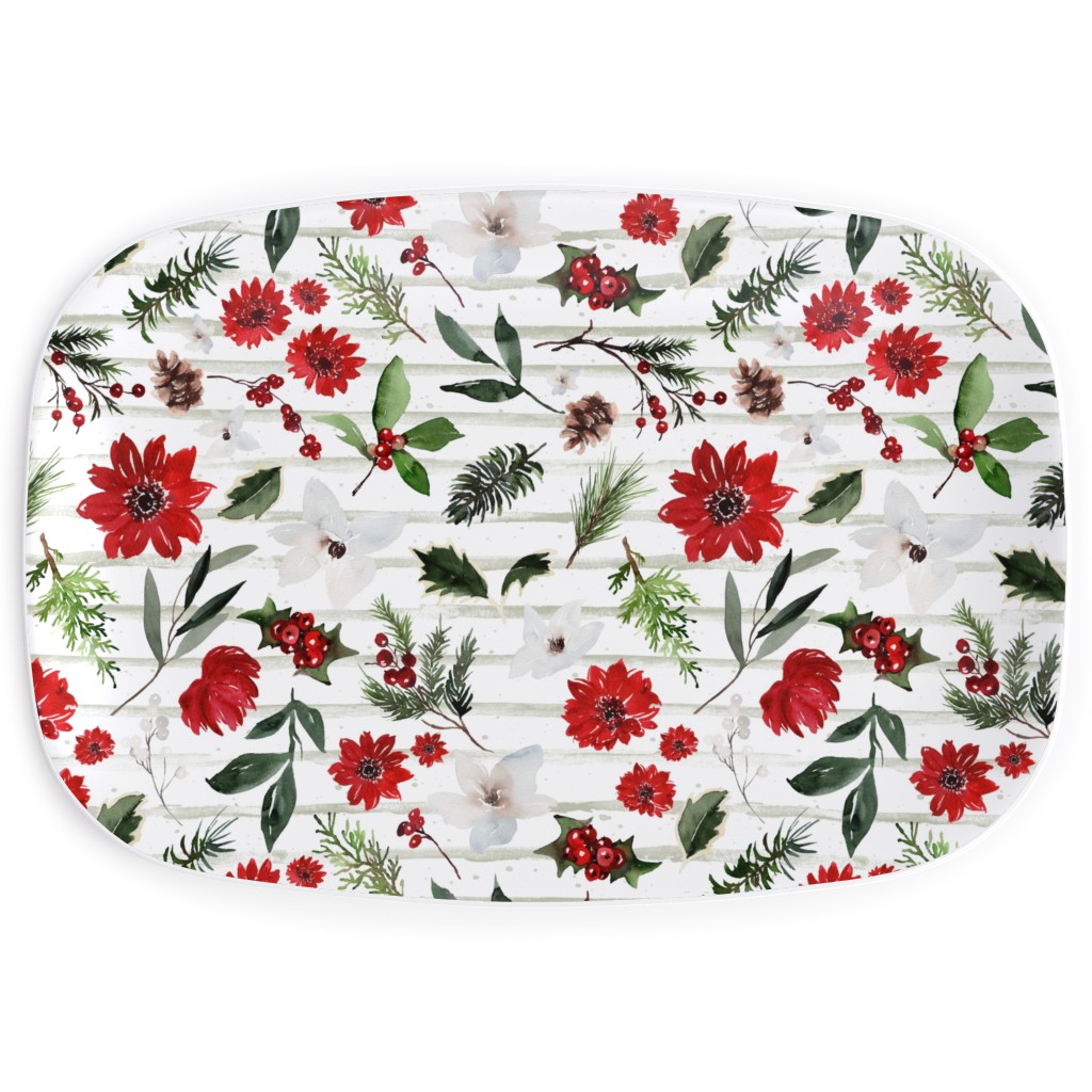 Jolly Christmas Florals - Mint Sage Stripes Serving Platter, Multicolor
