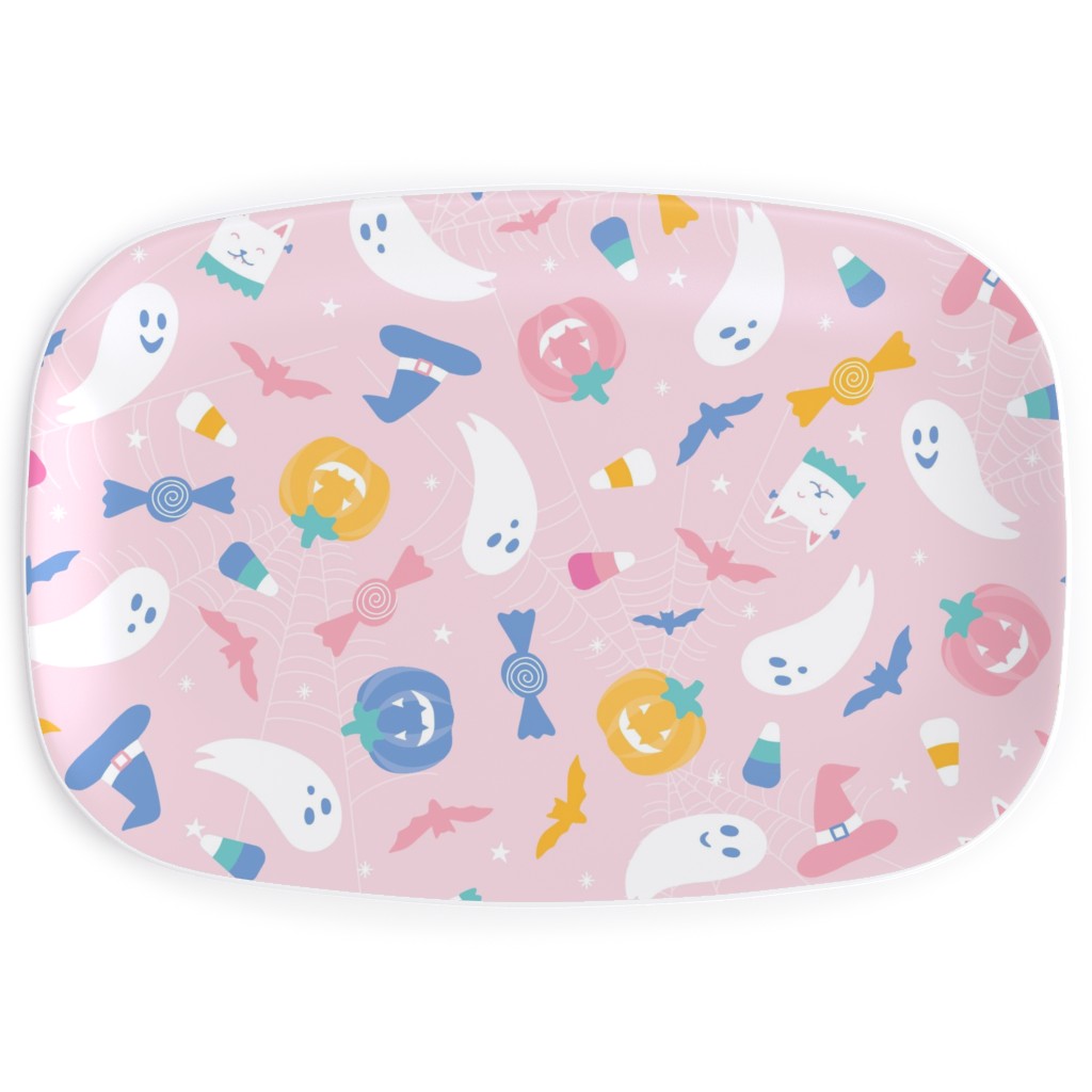 Happy Halloween Ghosts and Candy Corn - Pink Serving Platter, Pink