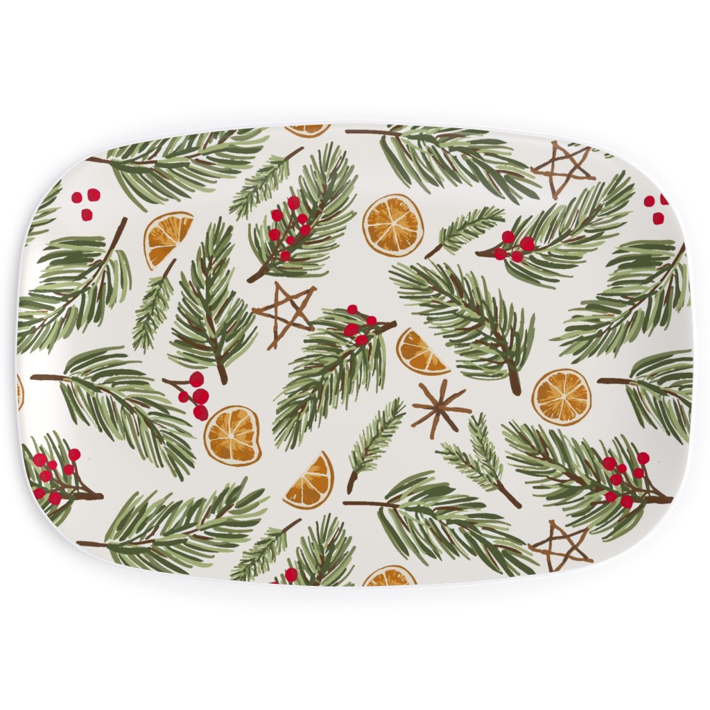 Festive Christmas Pine Sprigs and Orange Slices Serving Platter, Multicolor