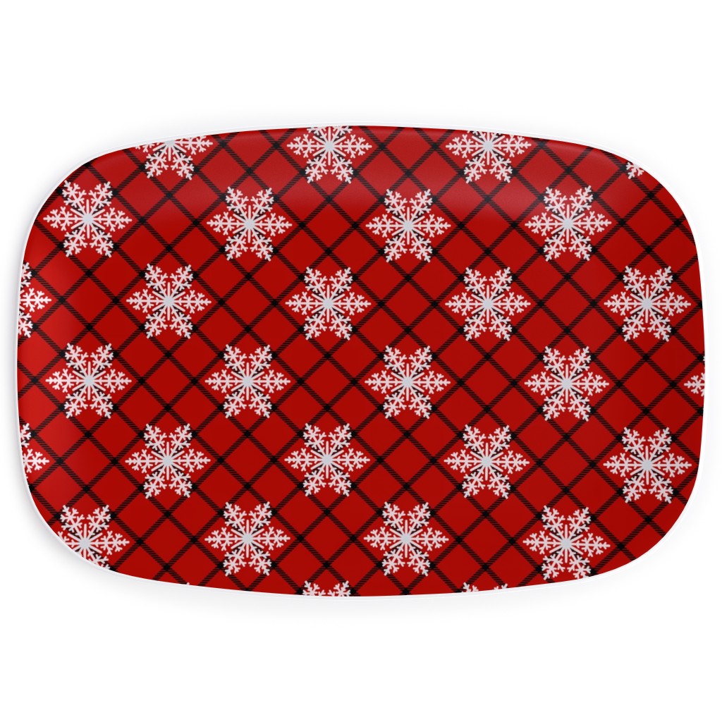 Snowy Winter Checker Plaid - Red and Black Serving Platter, Red