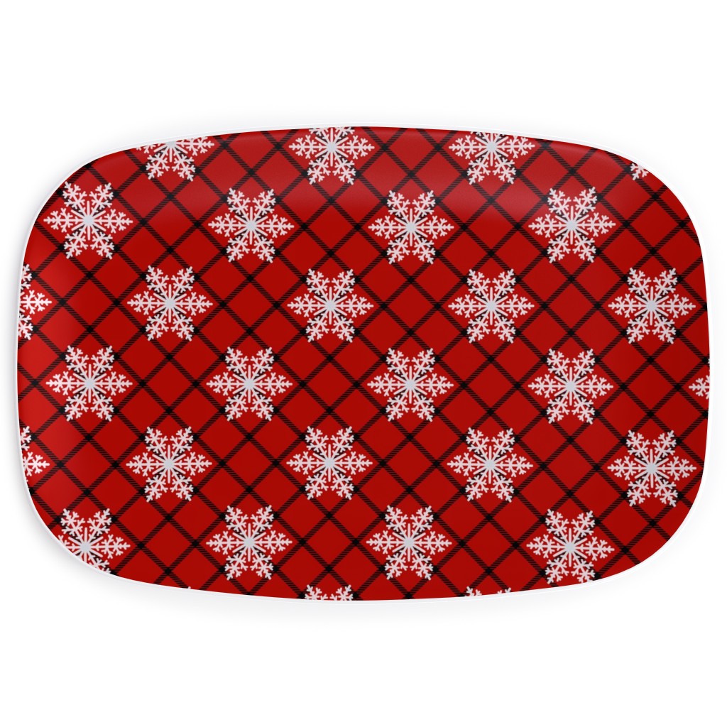Snowy Winter Checker Plaid - Red and Black Serving Platter, Red, Red
