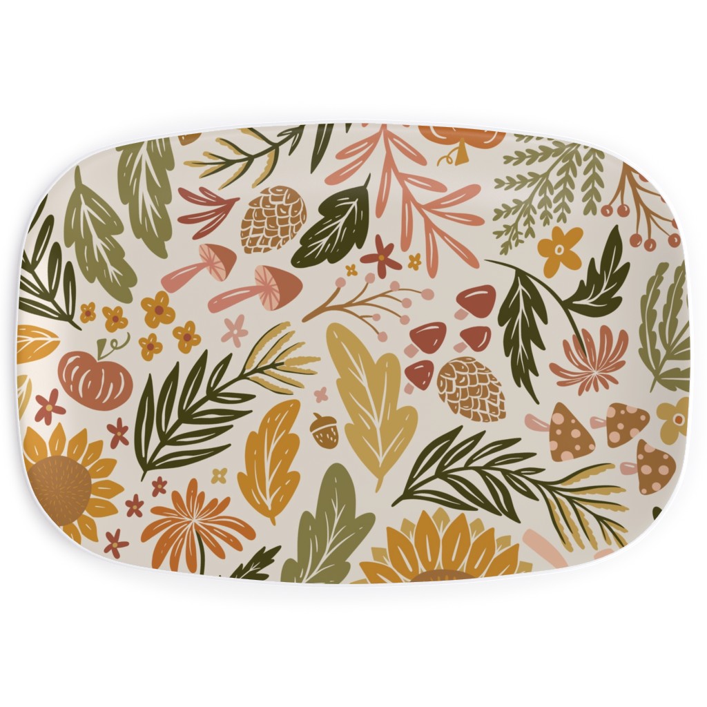 Autumn Botanicals - Leaves, Acorns, Sunflowers, Ferns, Mums, Pinecones, Mushrooms - Light Serving Platter, Multicolor