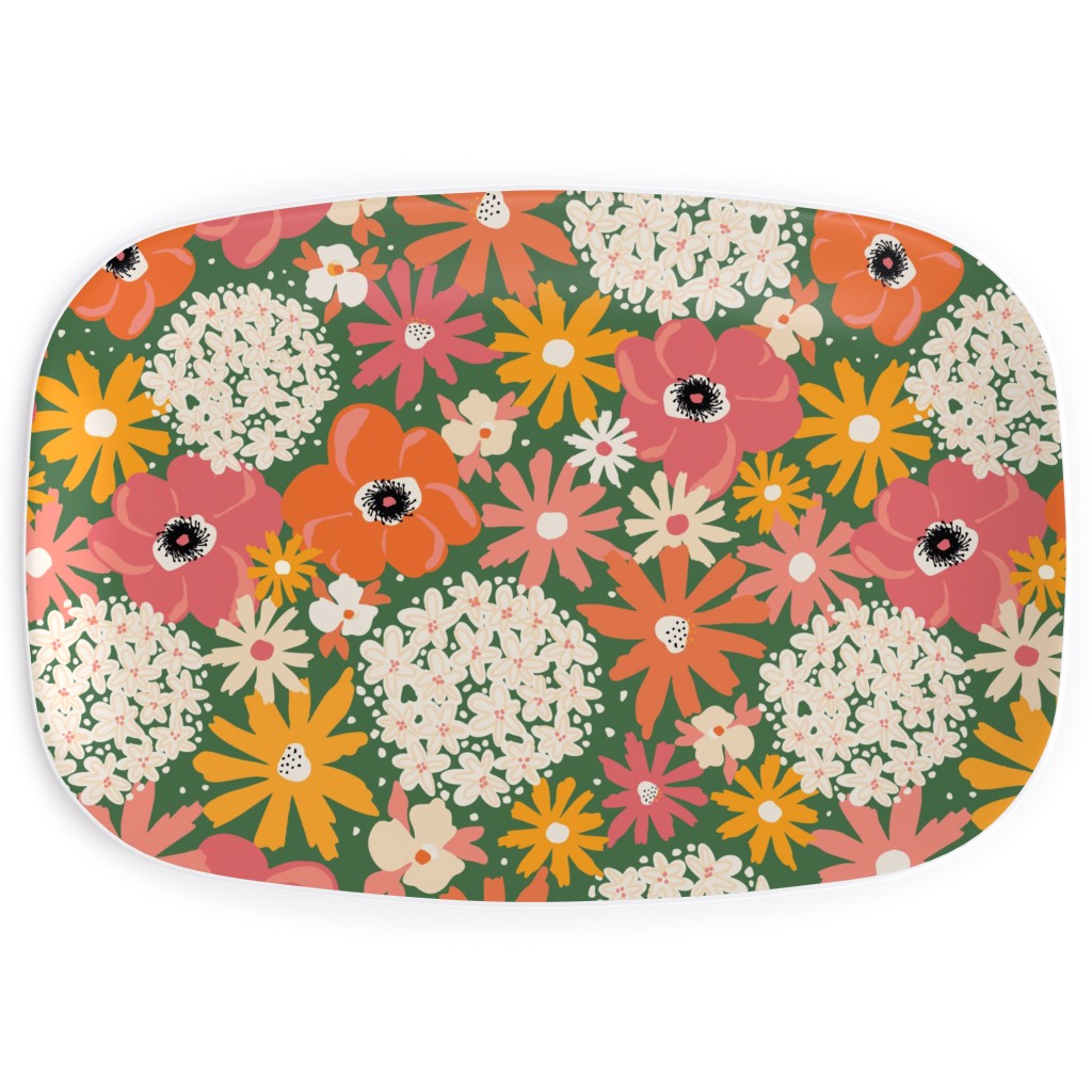 Summer Florals - Green Pink White and Orange Serving Platter, Multicolor