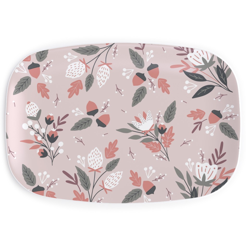 Fall Foliage With Acorns and Berries - Pink Serving Platter, Pink